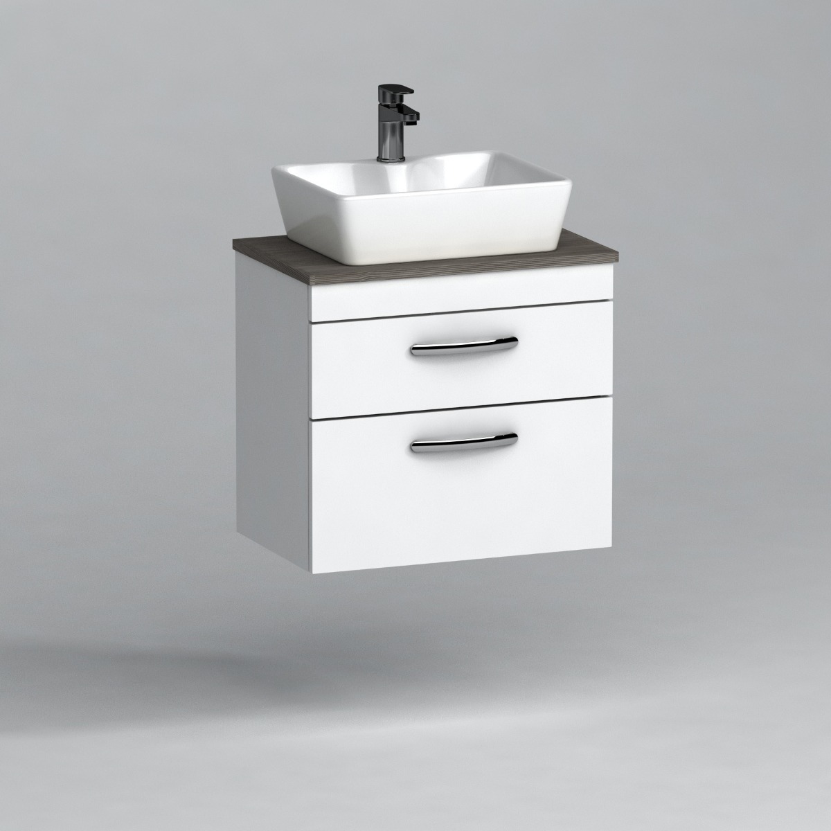 600mm Wall Hung Vanity Unit 2 Drawer Gloss White & Cube Countertop Basin 