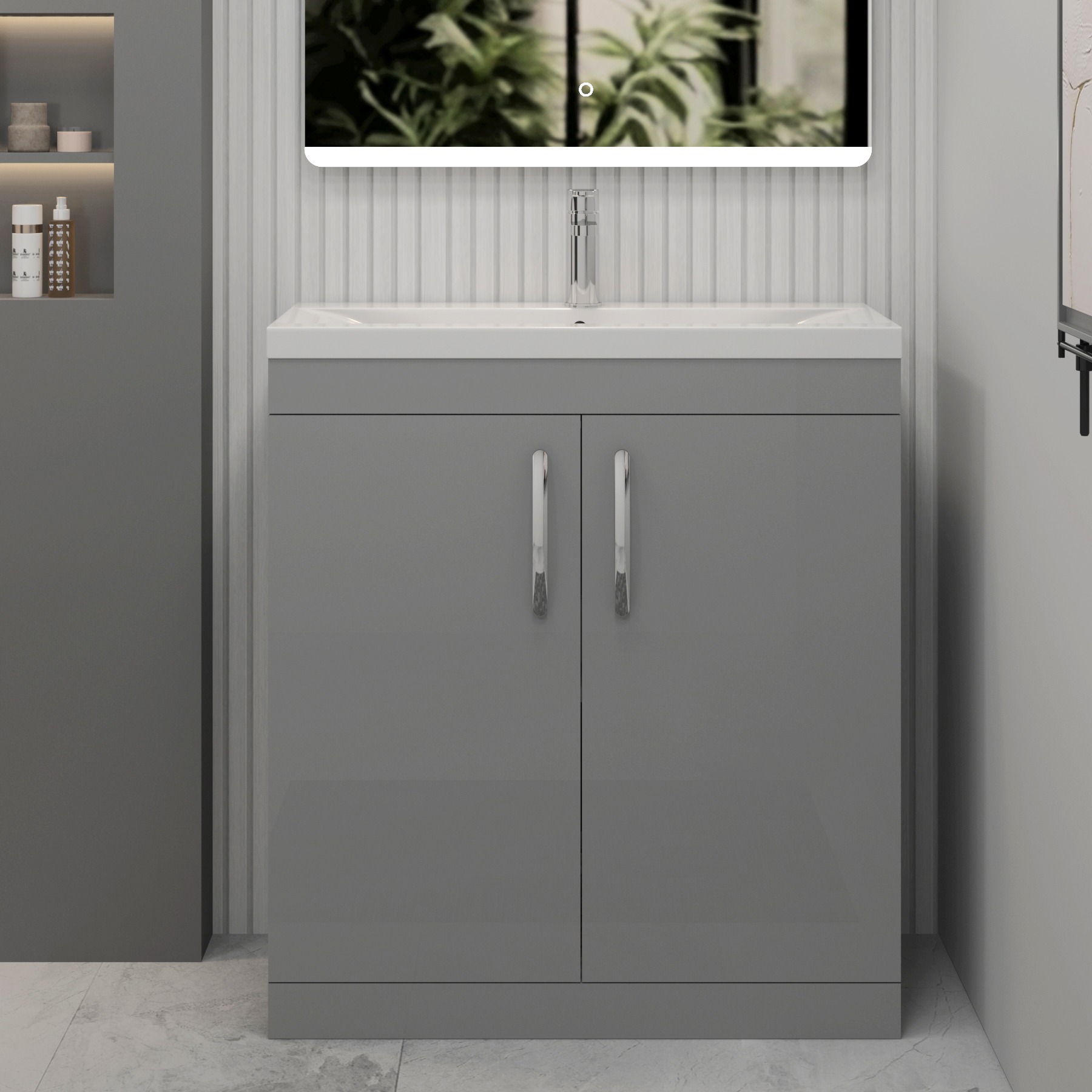 Turin 800mm Indigo Grey Gloss 2-Door Mid Edge Vanity Unit with Cube Close Coupled Toilet
