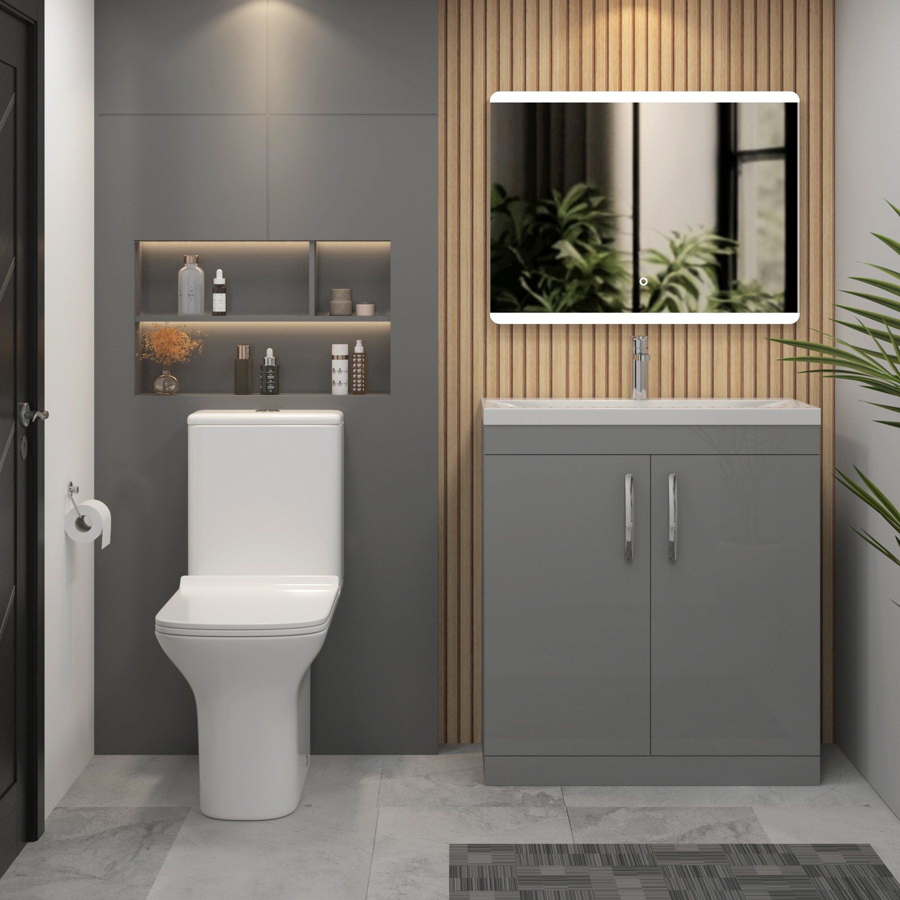 Turin 800mm Indigo Grey Gloss 2-Door Mid Edge Vanity Unit with Cube Close Coupled Toilet