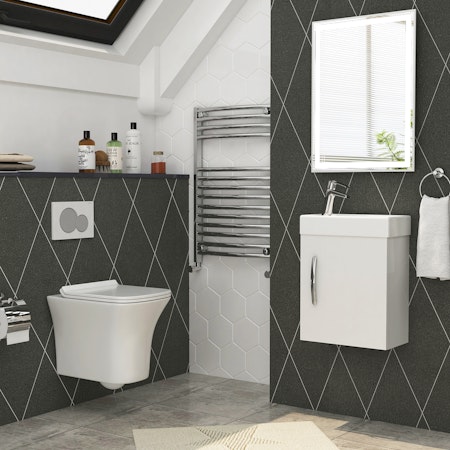 Cloakroom Suite 400mm Gloss White 1 Door Wall Hung Vanity Unit Basin & Cube Wall Hung Toilet Toilet