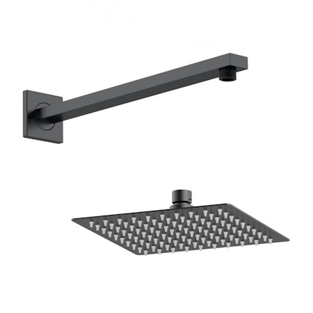 Windon 200mm Square Matt Black Fixed Shower Head with Wall Mounted Shower Arm