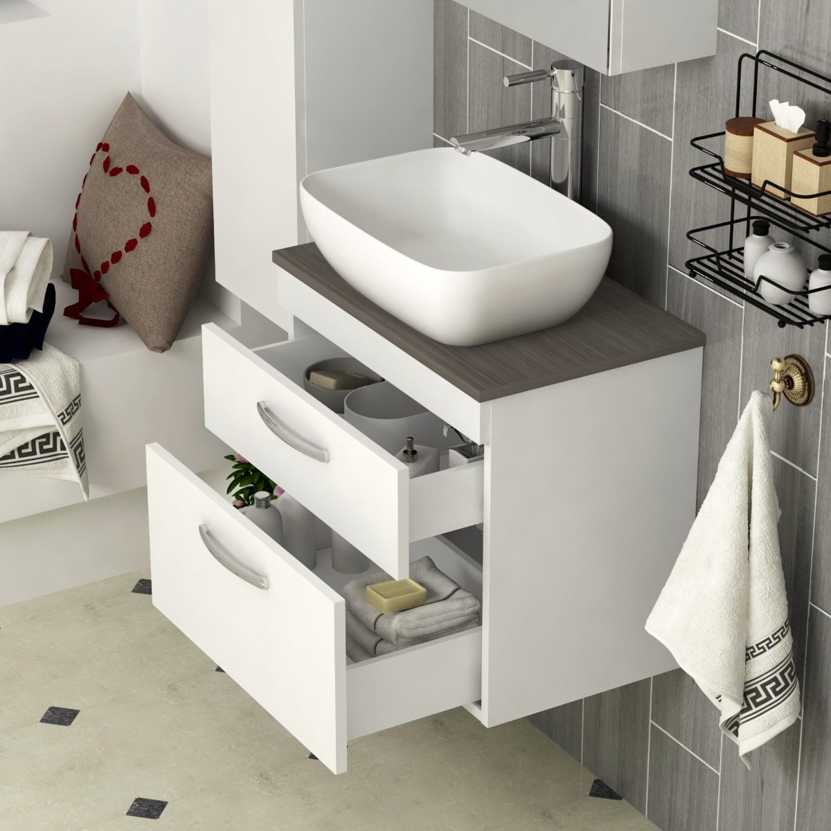 600mm Wall Hung Vanity Unit 2 Drawer Gloss White & Elva Countertop Basin 