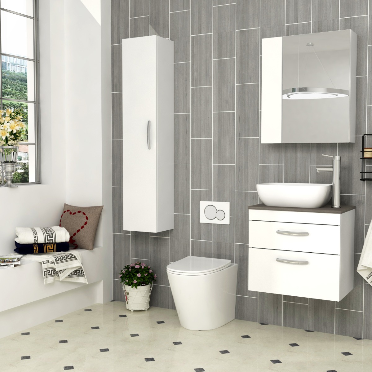 600mm Wall Hung Vanity Unit 2 Drawer Gloss White & Elva Countertop Basin 