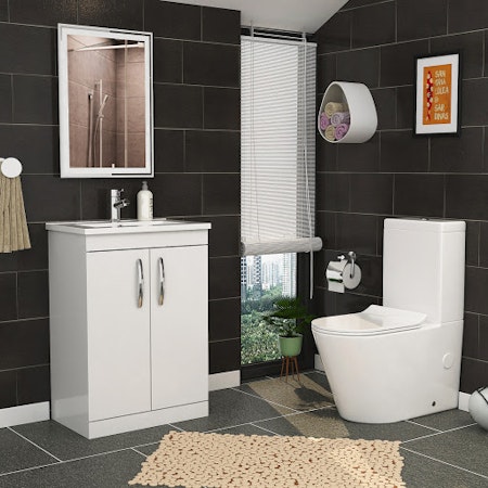 Cloakroom suite 600mm Floor Standing Vanity Unit Gloss White 2 Door With Cesar Toilet and Slim Soft Close Seat