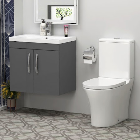 Cloakroom Suite 800mm Wall Hung Vanity Unit 2 Door Indigo Grey Gloss With Peak Toilet and Soft Close Seat
