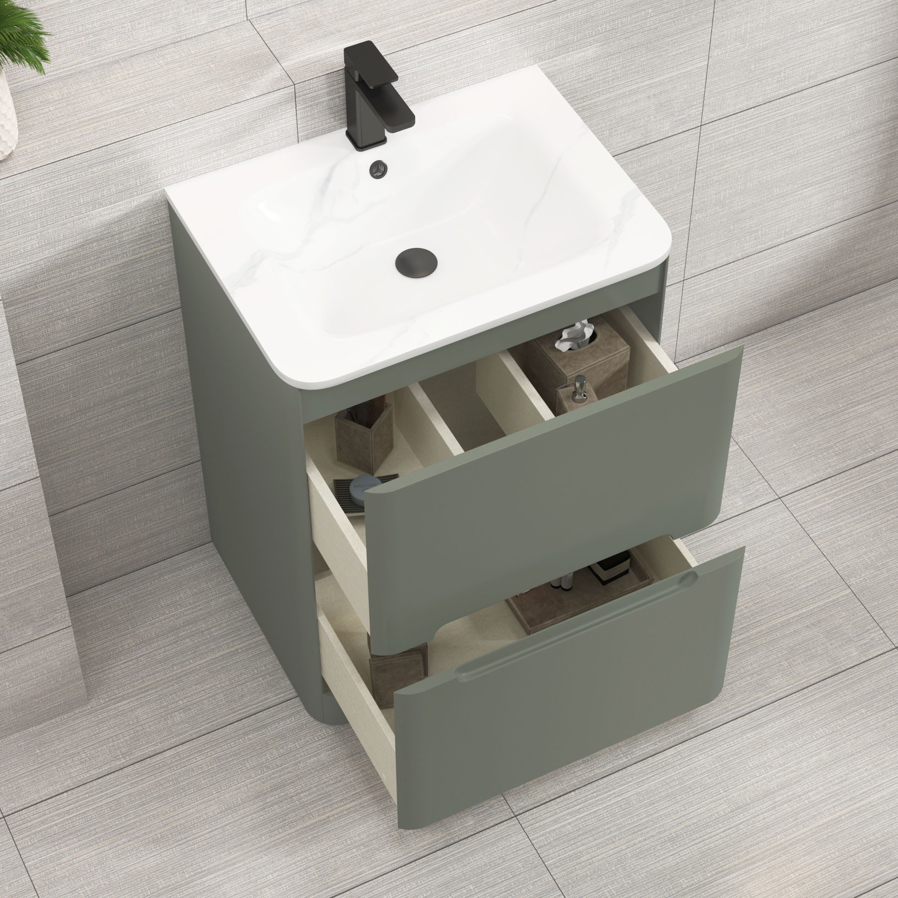 Venice Sage Green 2 Drawer Floor Standing Vanity Unit with Carrara White Basin