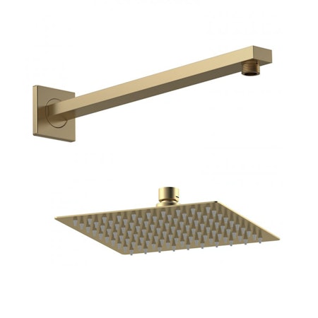 Windon 200mm Square Brushed Brass Fixed Shower Head with Wall Mounted Shower Arm