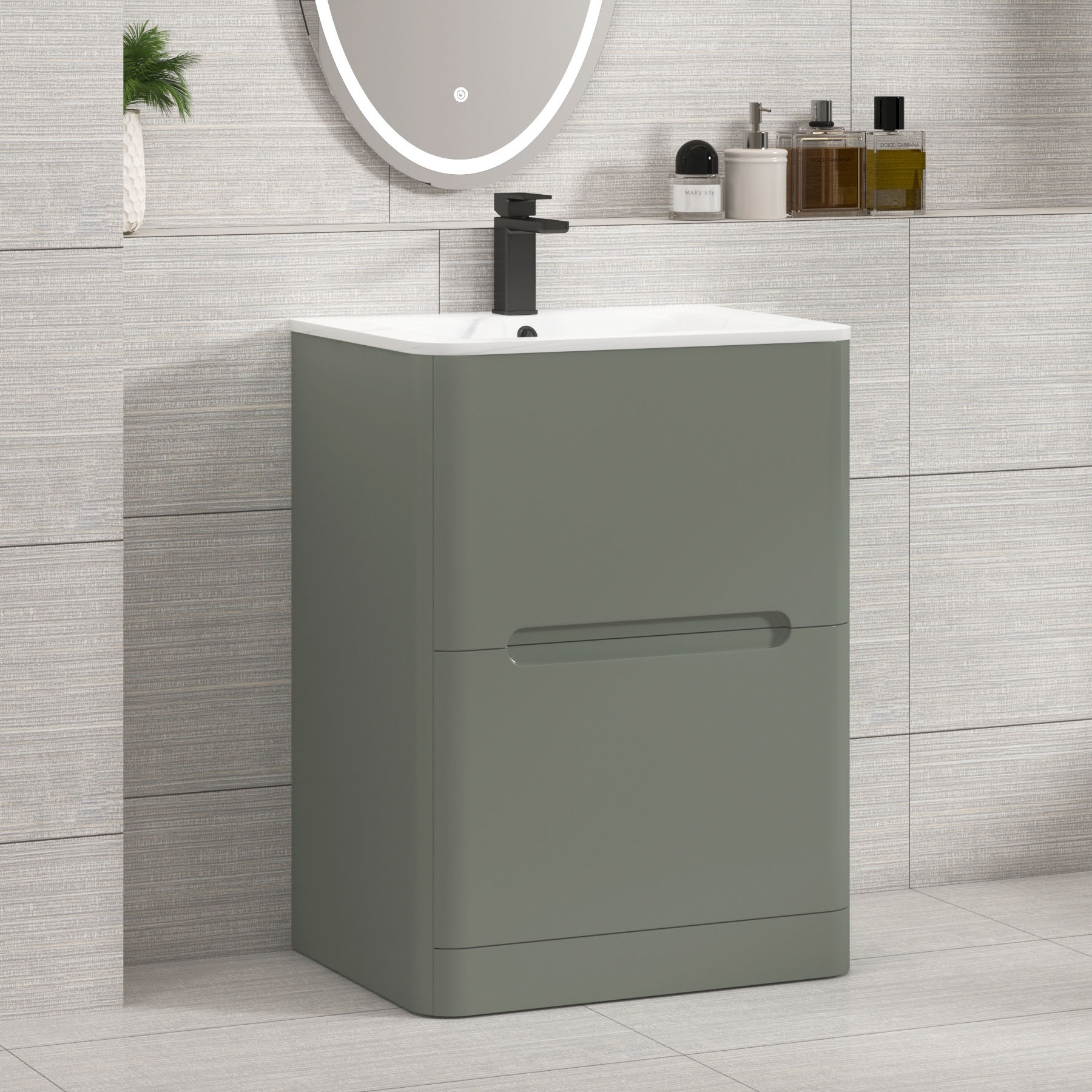 Venice Sage Green 2 Drawer Floor Standing Vanity Unit with Carrara White Basin