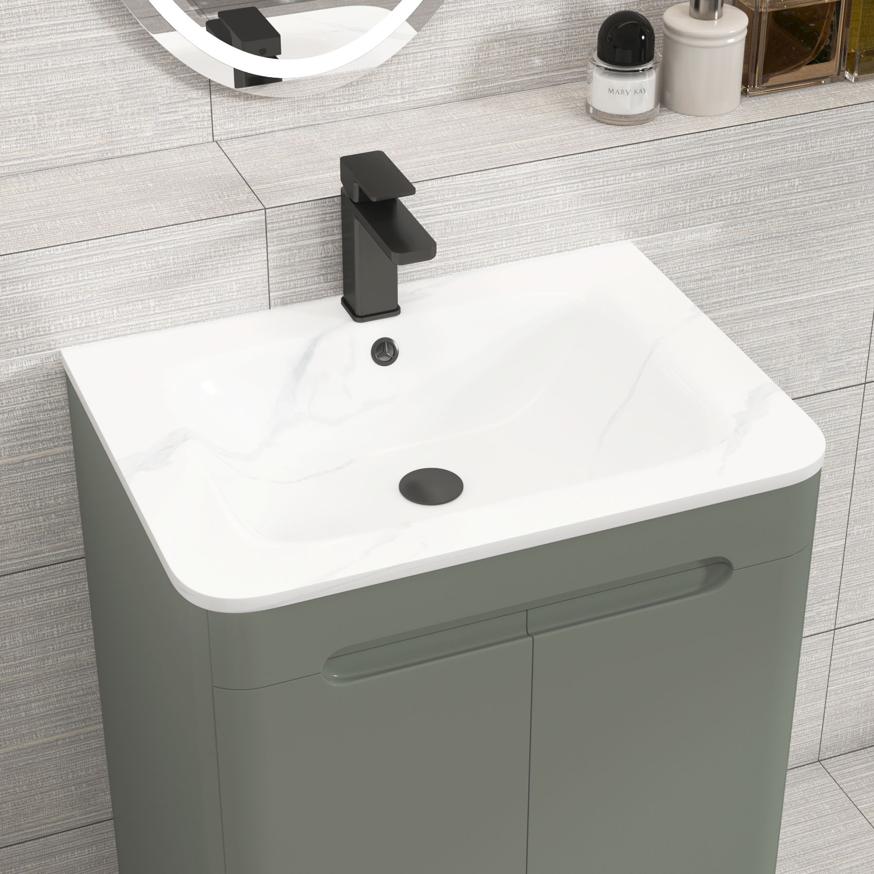 Venice Sage Green 2 Drawer Floor Standing Vanity Unit with Carrara White Basin