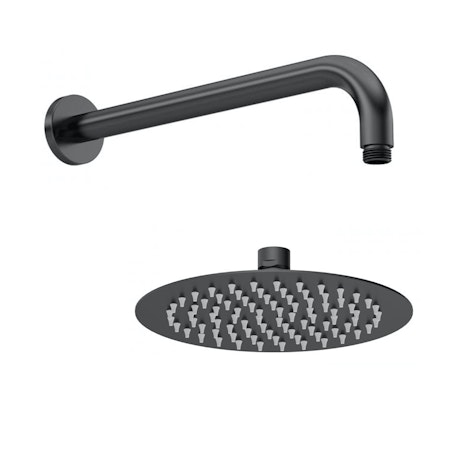 Windon 200mm Round Matt Black Fixed Shower Head with Wall Mounted Shower Arm