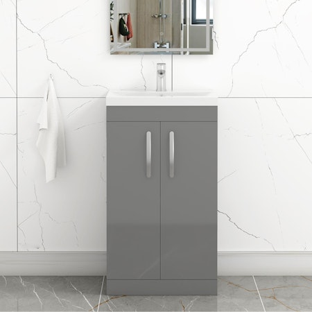 Turin 500mm Floor Standing Vanity Sink Unit Indigo Grey Gloss 2 Door - Mid-Edge