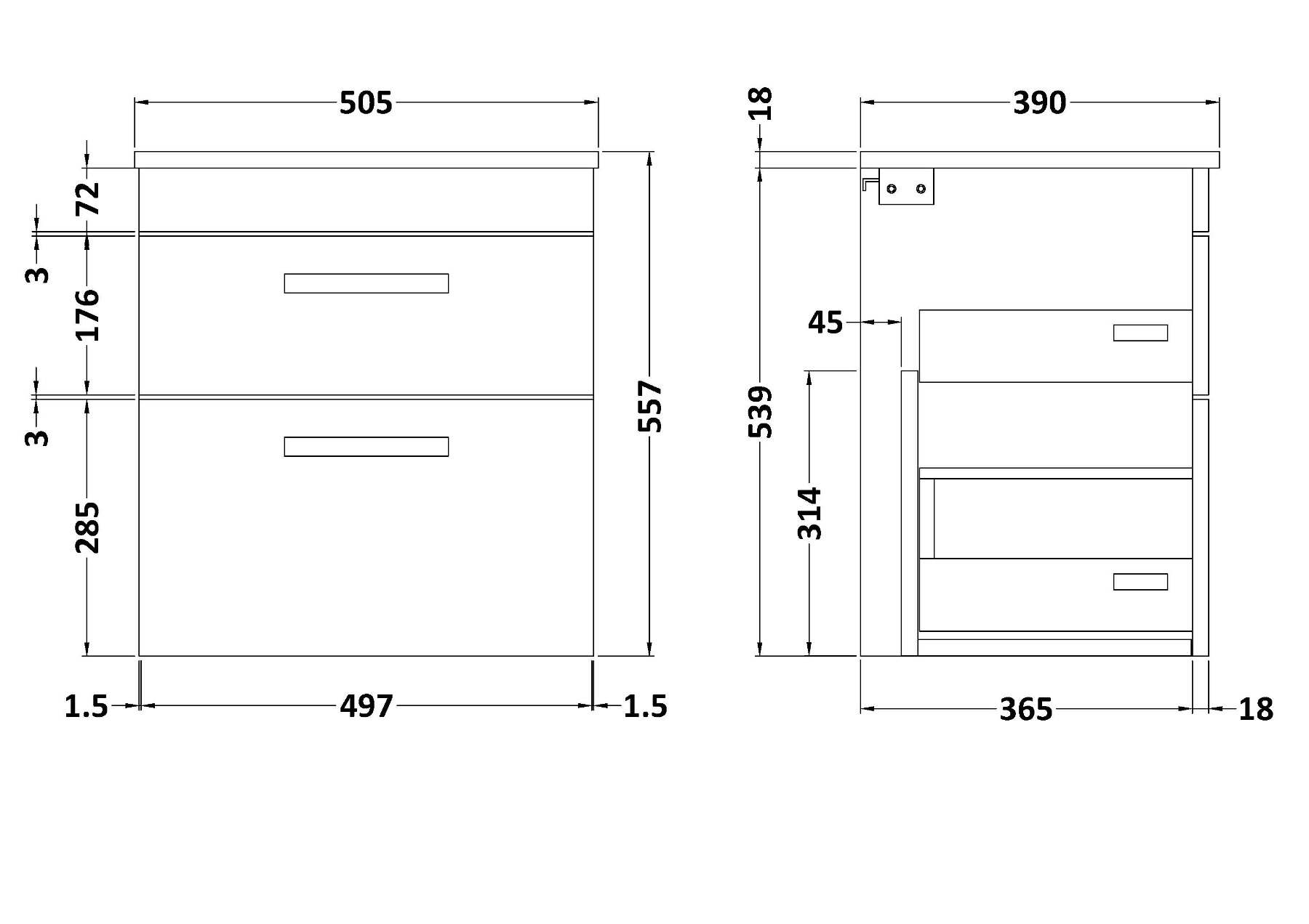 500mm Wall Hung Vanity Unit 2 Drawer Indigo Grey Gloss - Storage Cabinetwith Brushed Brass Handle