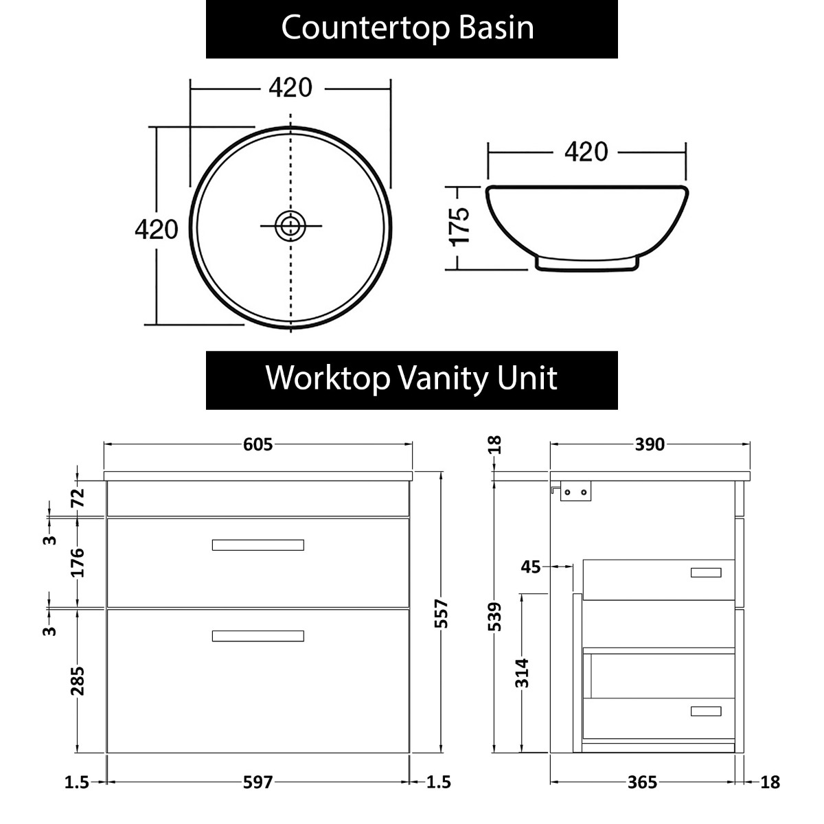 600mm Wall Hung Vanity Unit 2 Drawer Gloss White & Breeze Countertop Basin 