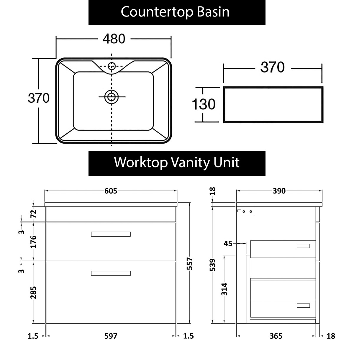 600mm Wall Hung Vanity Unit 2 Drawer Gloss White & Cube Countertop Basin 