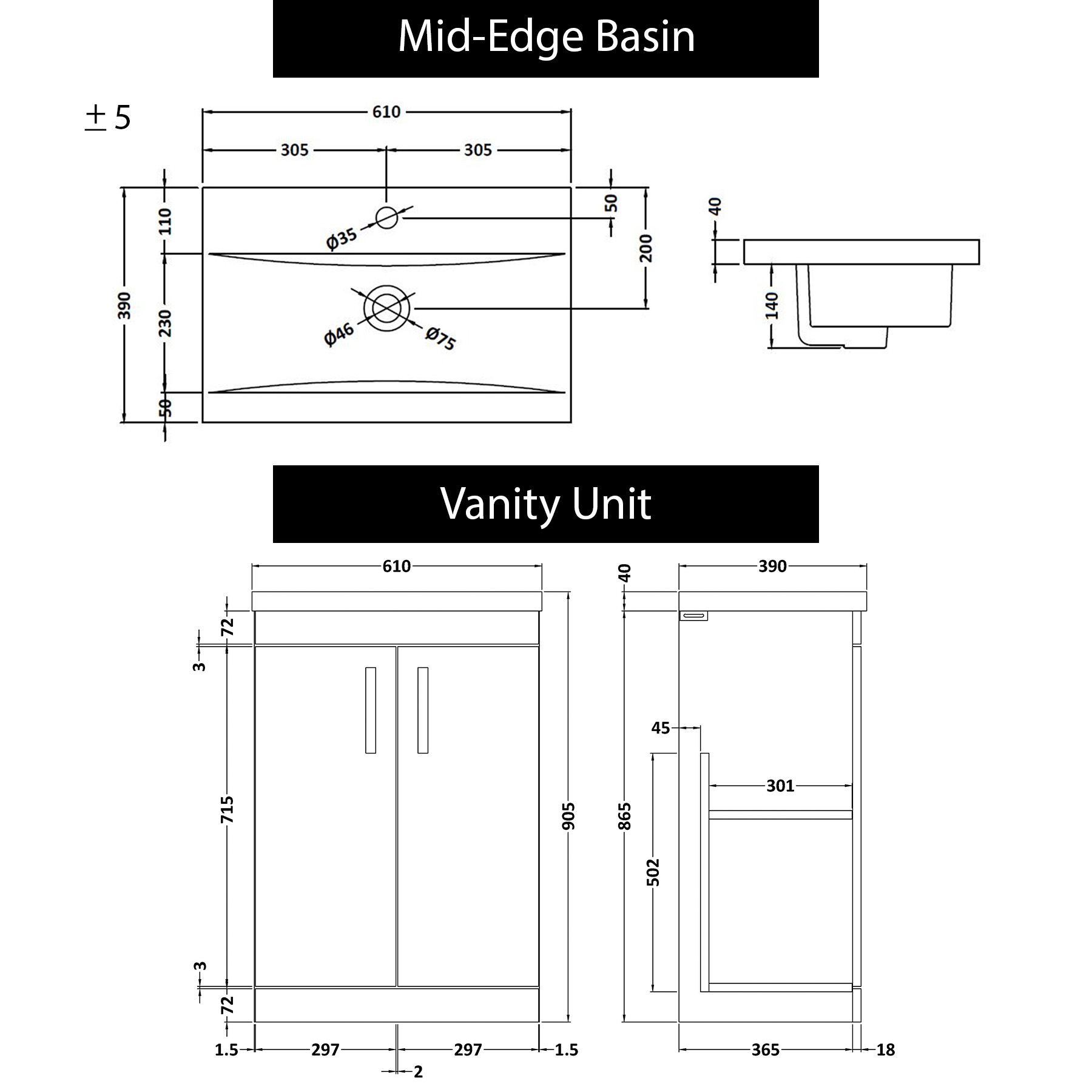 Turin 600mm Floor Standing Vanity Unit 2 Door Mid-Edge Basin - Multi Color Options