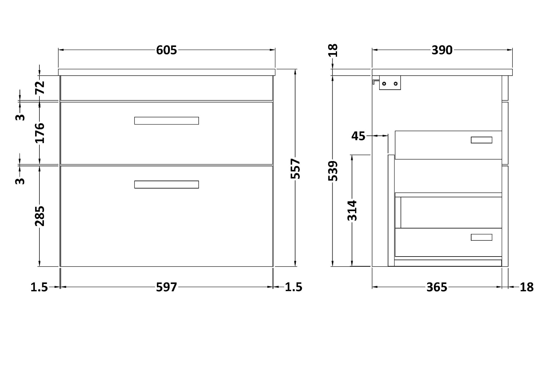 Turin 500mm Hale Black 2 Drawer Wall Hung Countertop Vanity Unit