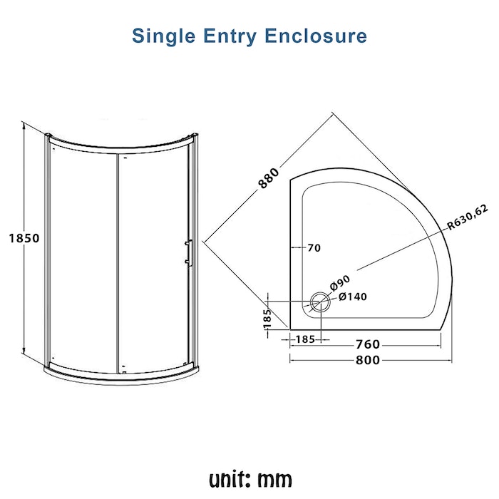 Valencia 760 x 760mm Matt Black Quadrant Shower Enclosure with Acrylic Tray - 6mm Single Door