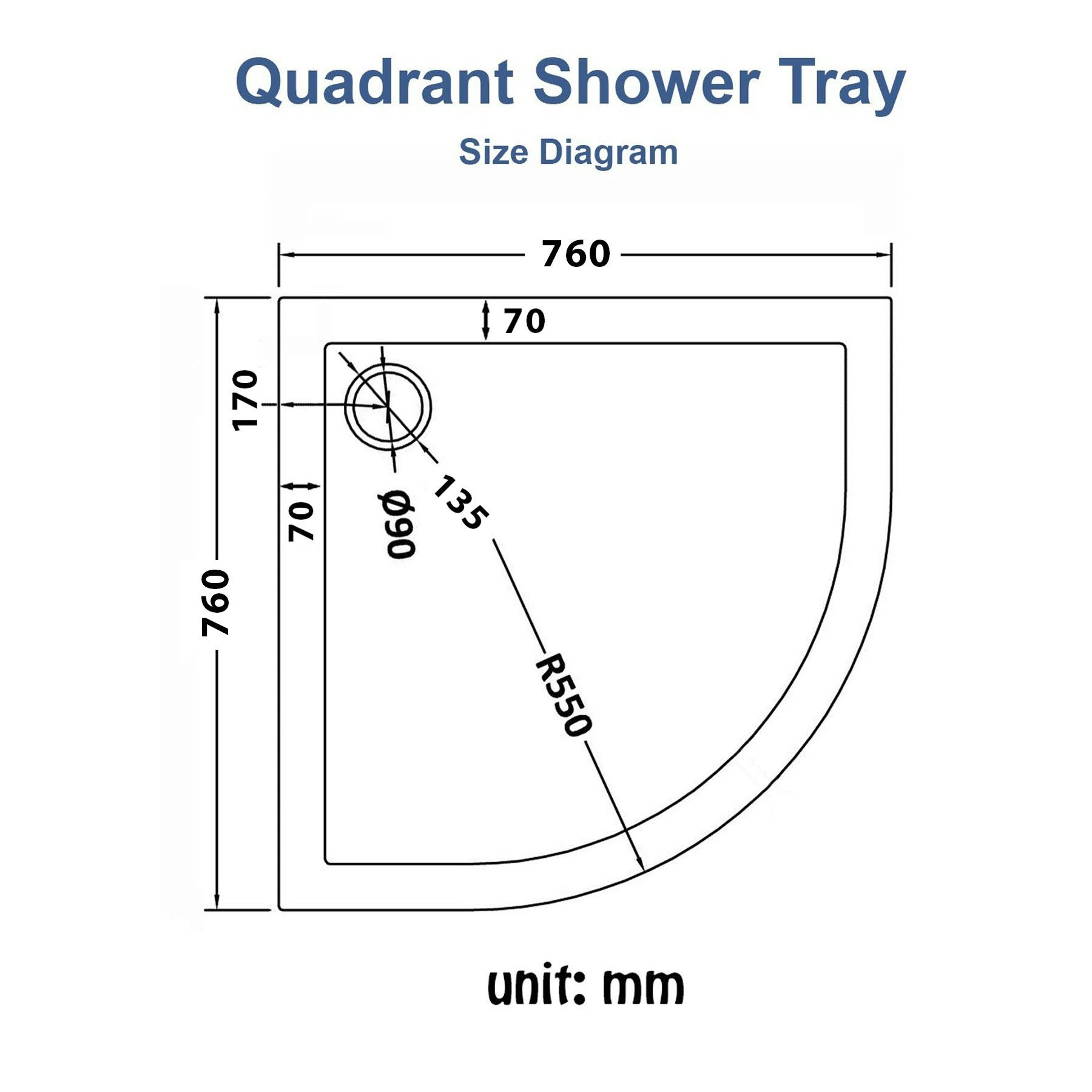 Quadrant Acrylic Shower Tray 760 x 760 x 40 Royal Bathrooms