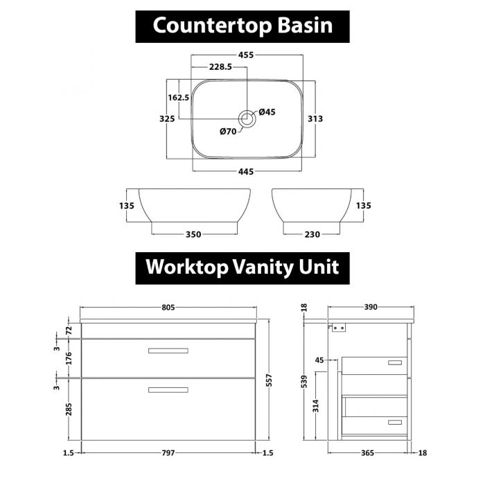 800mm Wall Hung Vanity Unit 2 Drawer Gloss White & Elva Countertop Basin 