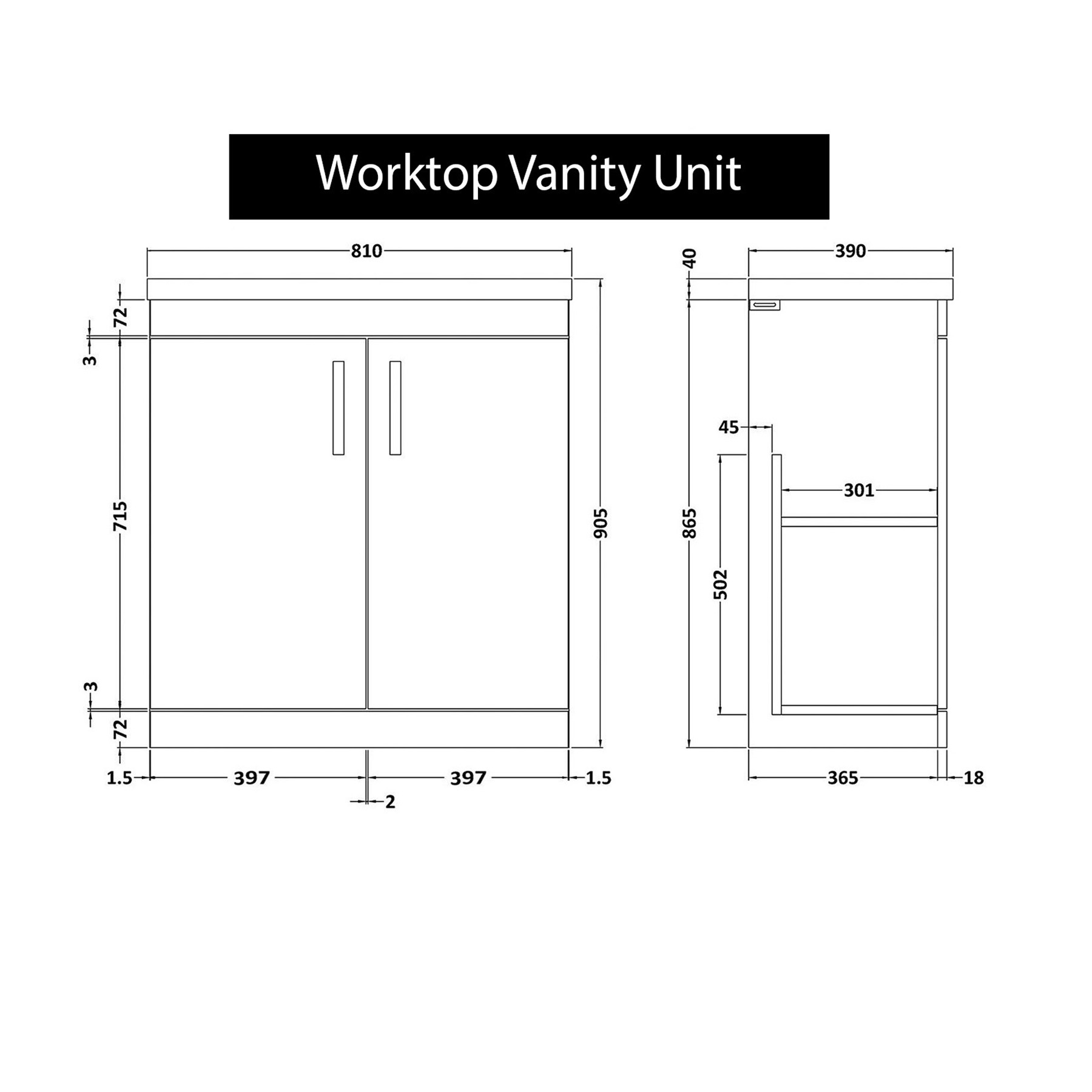 Turin 800mm Gloss White Floor Standing Worktop Vanity Unit - 2 Doors 