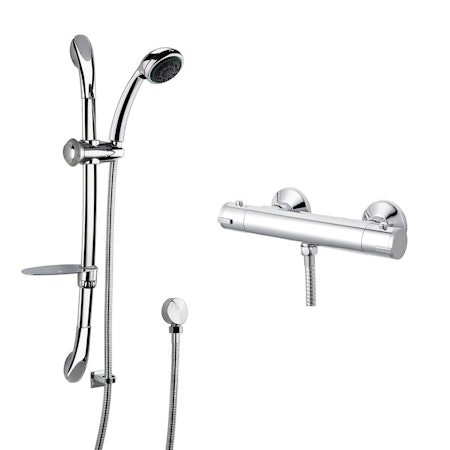 Nuie Chrome Round Curved Slider Rail Kit With Thermostatic ABS Bar Shower Valve Bottom Outlet
