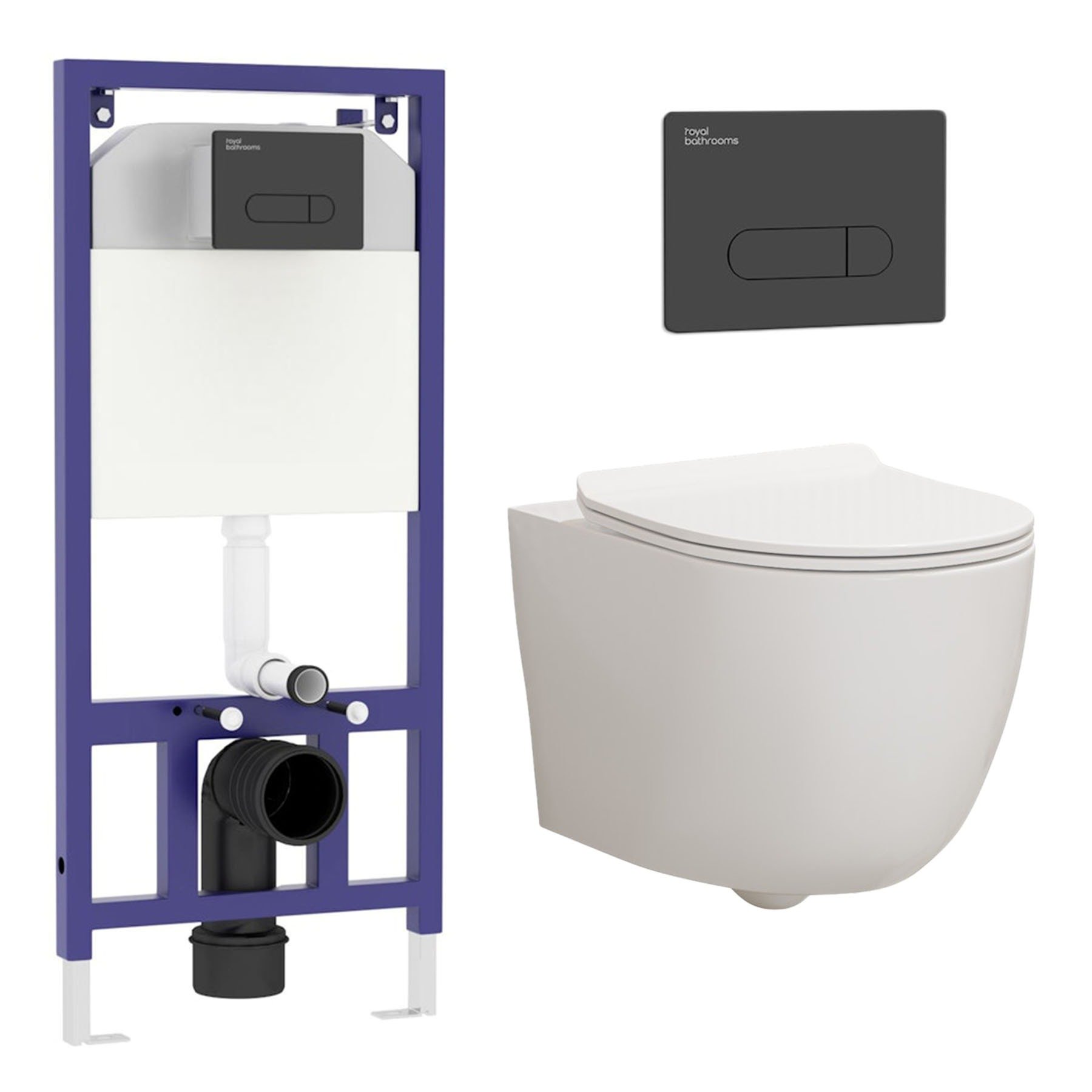 Abacus Wall Hung Rimless Toilet with Slim Soft Close Seat & Aqua Black Plate Wall Hung Frame