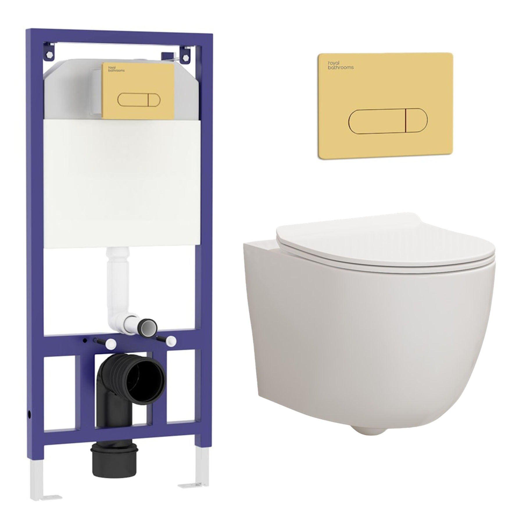 Abacus Wall Hung Rimless Toilet with Slim Soft Close Seat & Aqua Brushed Brass Plate Wall Hung Frame