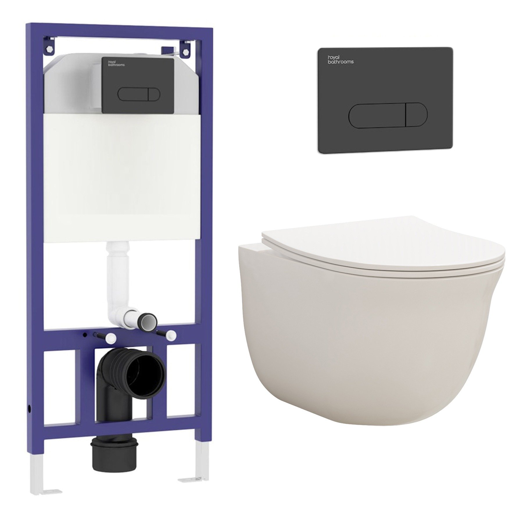 Divine Wall Hung Rimless Toilet with Slim Soft Close Seat & Aqua Black Plate Wall Hung Frame