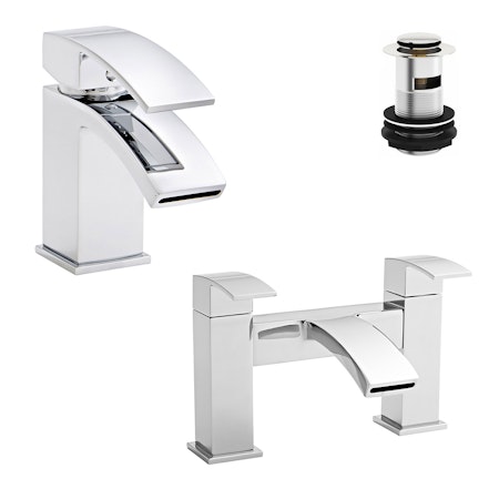 Kartell Flair Chrome Double Lever Bath Filler Tap And Mono Basin Sink Tap + Free Waste Solid Brass - Chrome