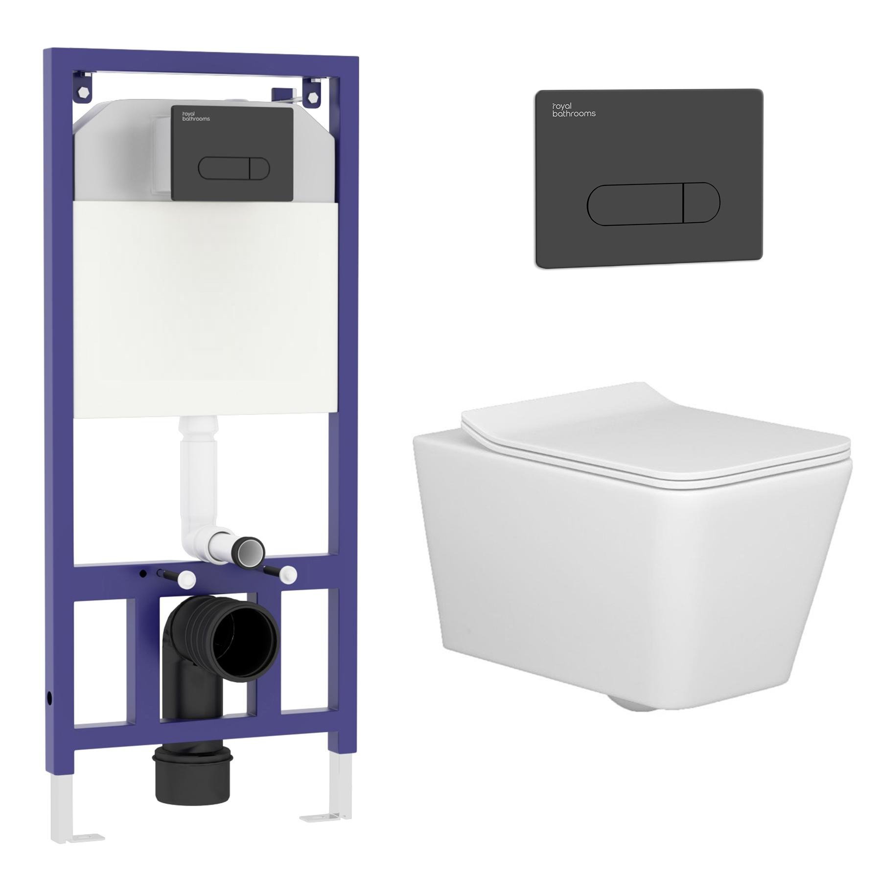 Elena Wall Hung Rimless Toilet with Slim Soft Close Seat & Black Plate Aqua Wall Hung Frame
