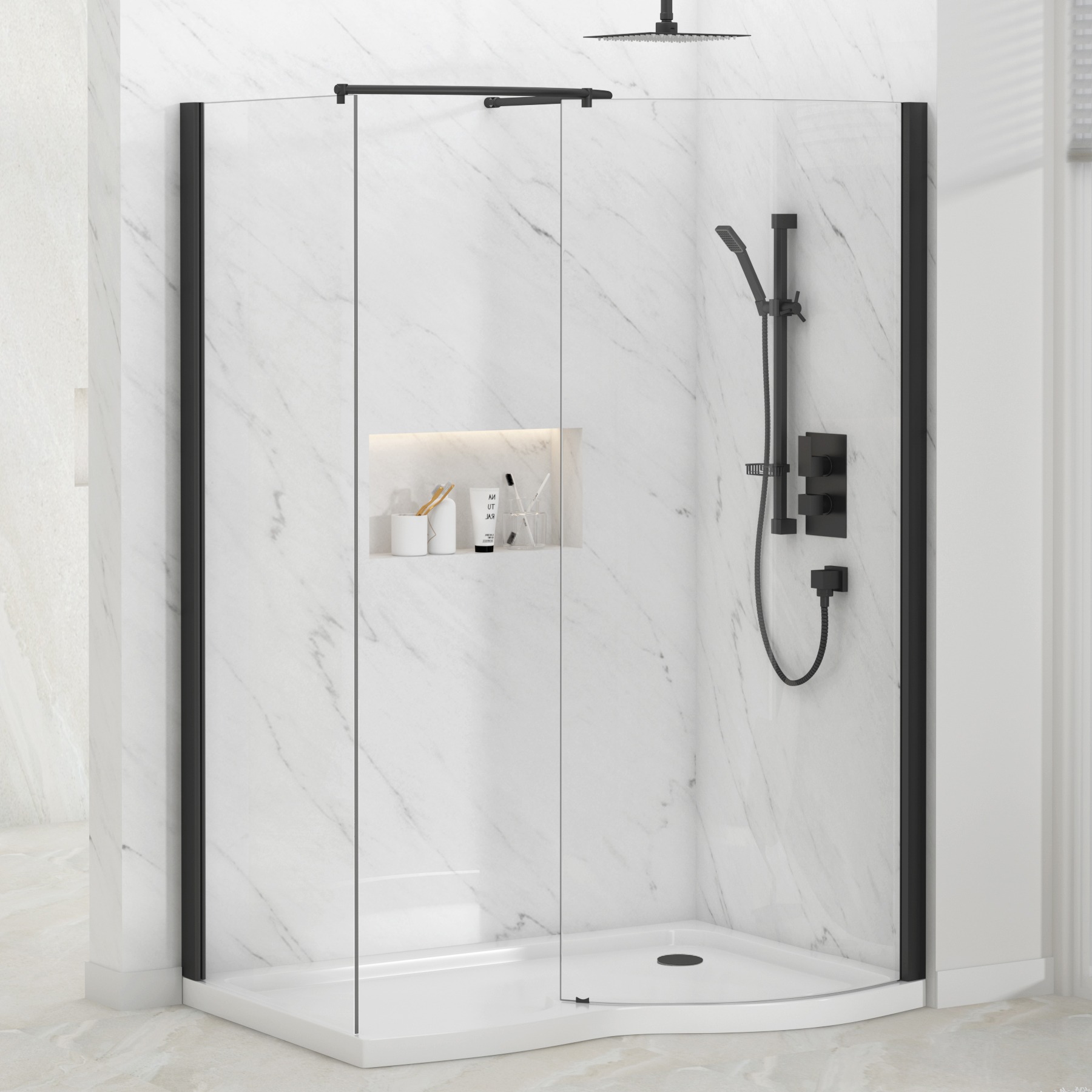 Milan 1400 x 900mm Curved Walk In Enclosure 8mm Glass + RH Tray - Matt Black