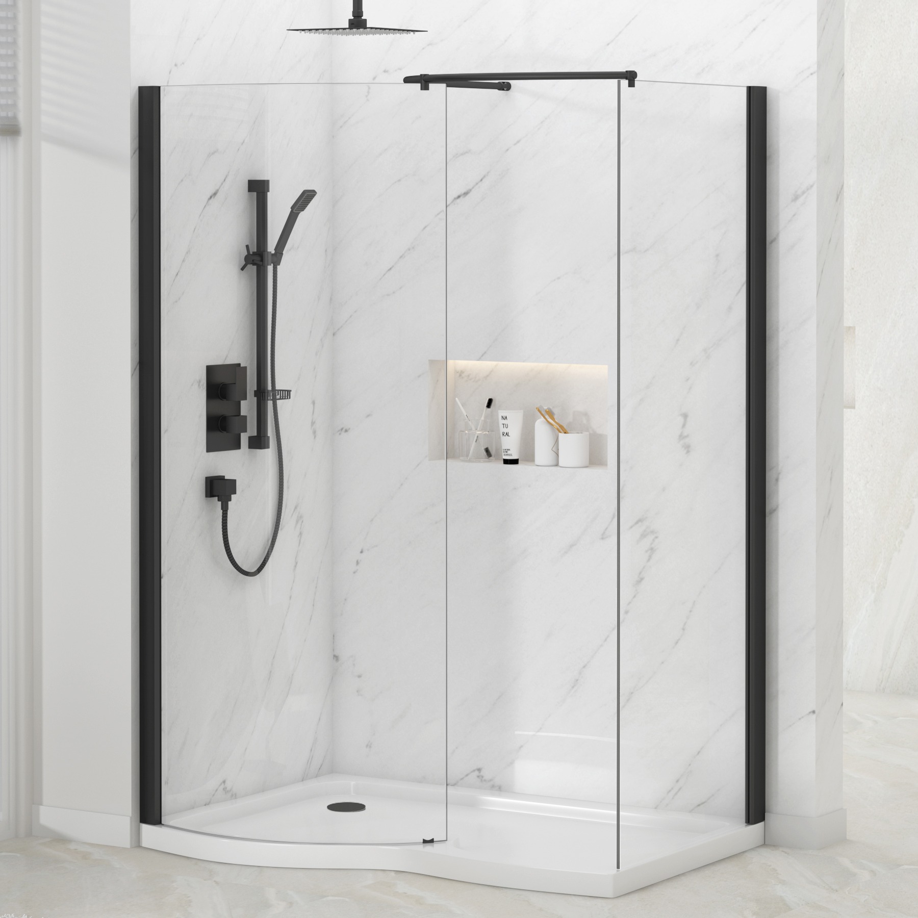 Milan 1400 x 900mm Curved Walk In Enclosure 8mm Glass + Tray - Matt Black