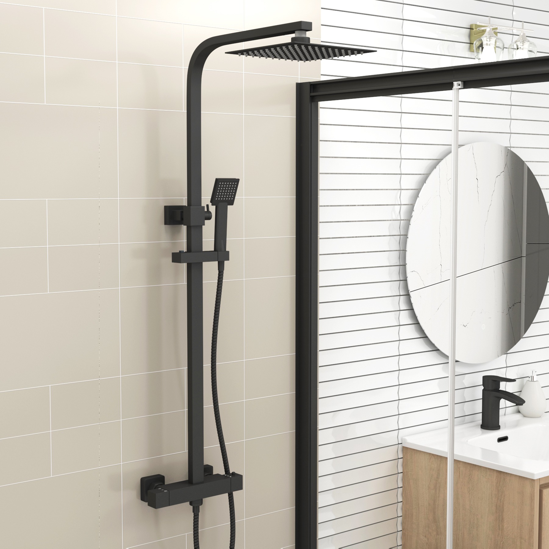 Milan Matt Black Square Thermostatic Valve Bar Shower Kit