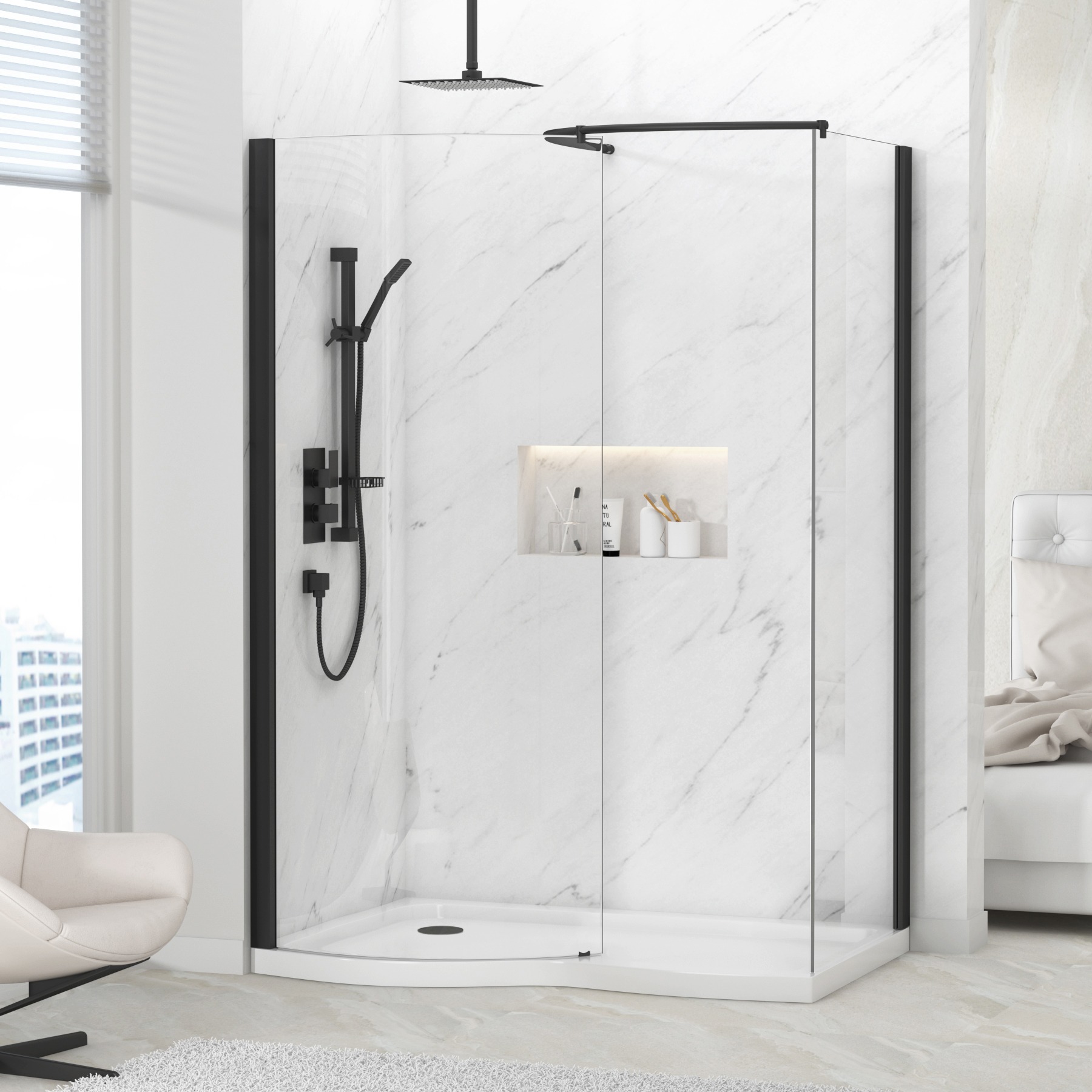 Milan 1400 x 900mm Curved Walk In Enclosure 8mm Glass + Tray - Matt Black