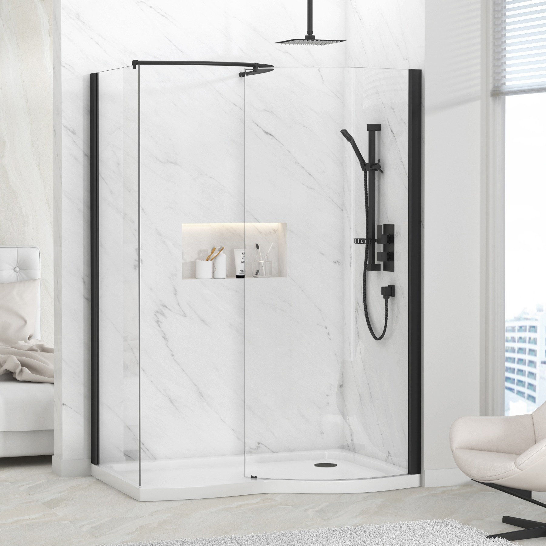 Milan 1400 x 900mm Curved Walk In Enclosure 8mm Glass + Tray - Matt Black