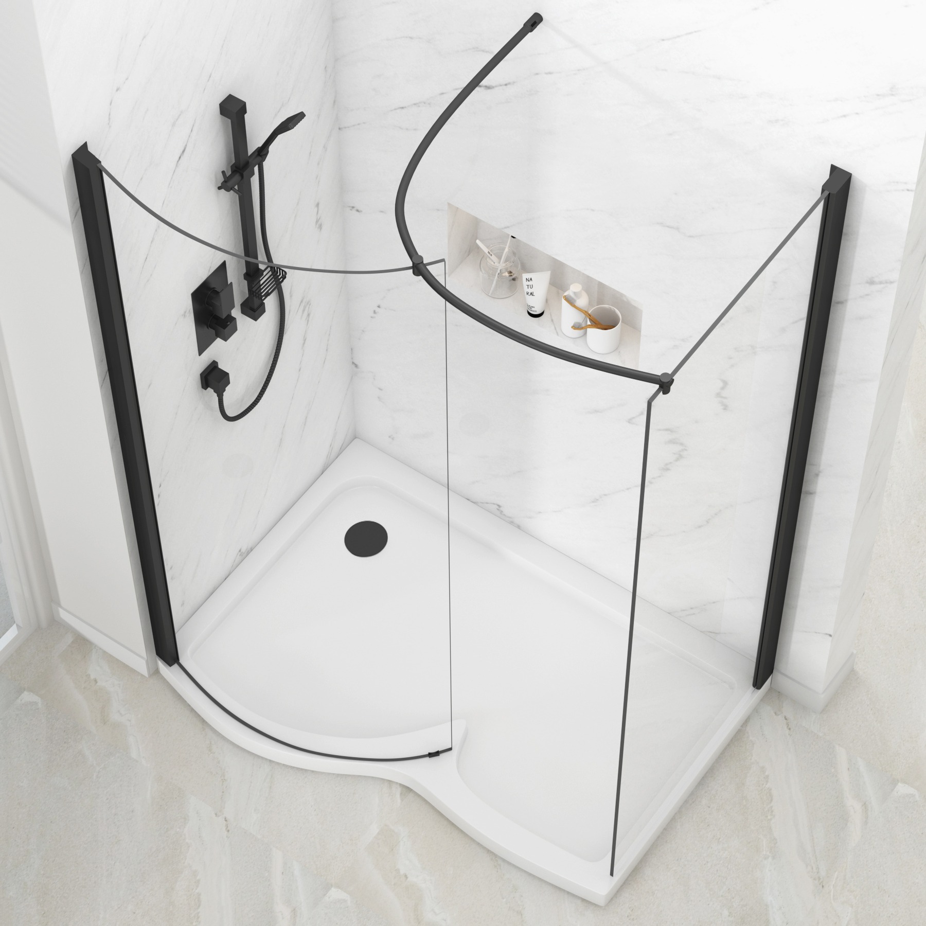 Milan 1400 x 900mm Curved Walk In Enclosure 8mm Glass + LH Tray - Matt Black