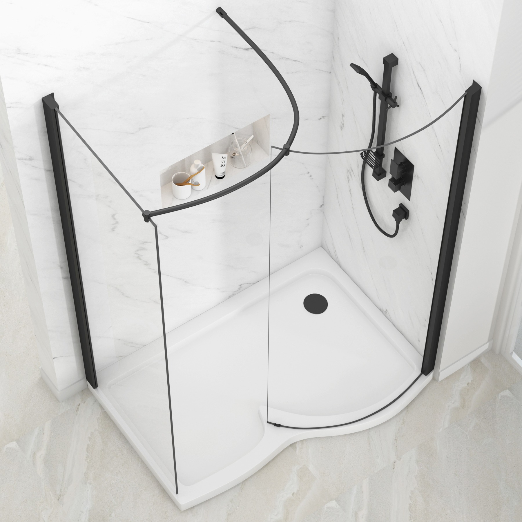 Milan 1400 x 900mm Curved Walk In Enclosure 8mm Glass + RH Tray - Matt Black