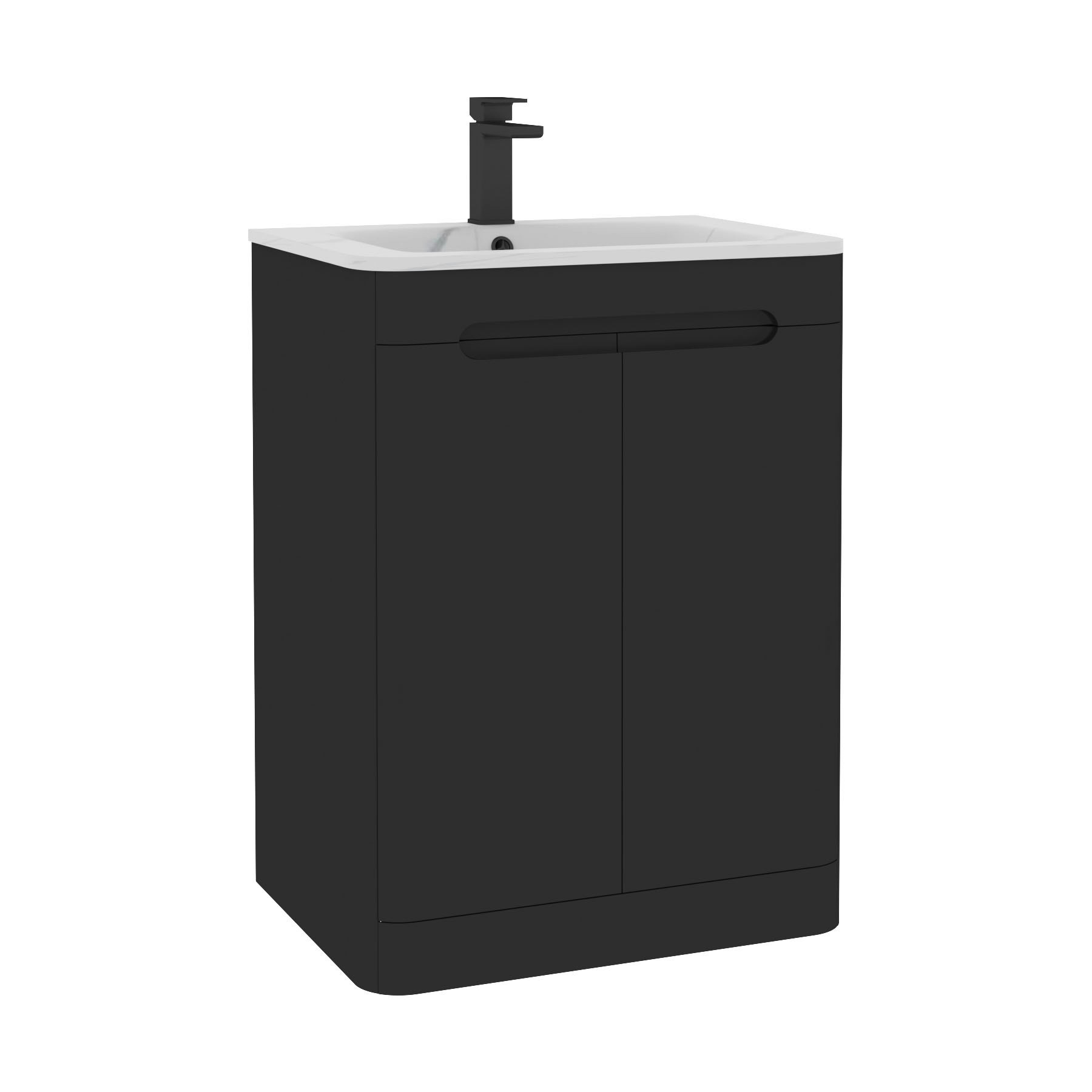 Venice Matt Nocturne Black 2 Door Floor Standing Vanity Unit with Carrara White Basin