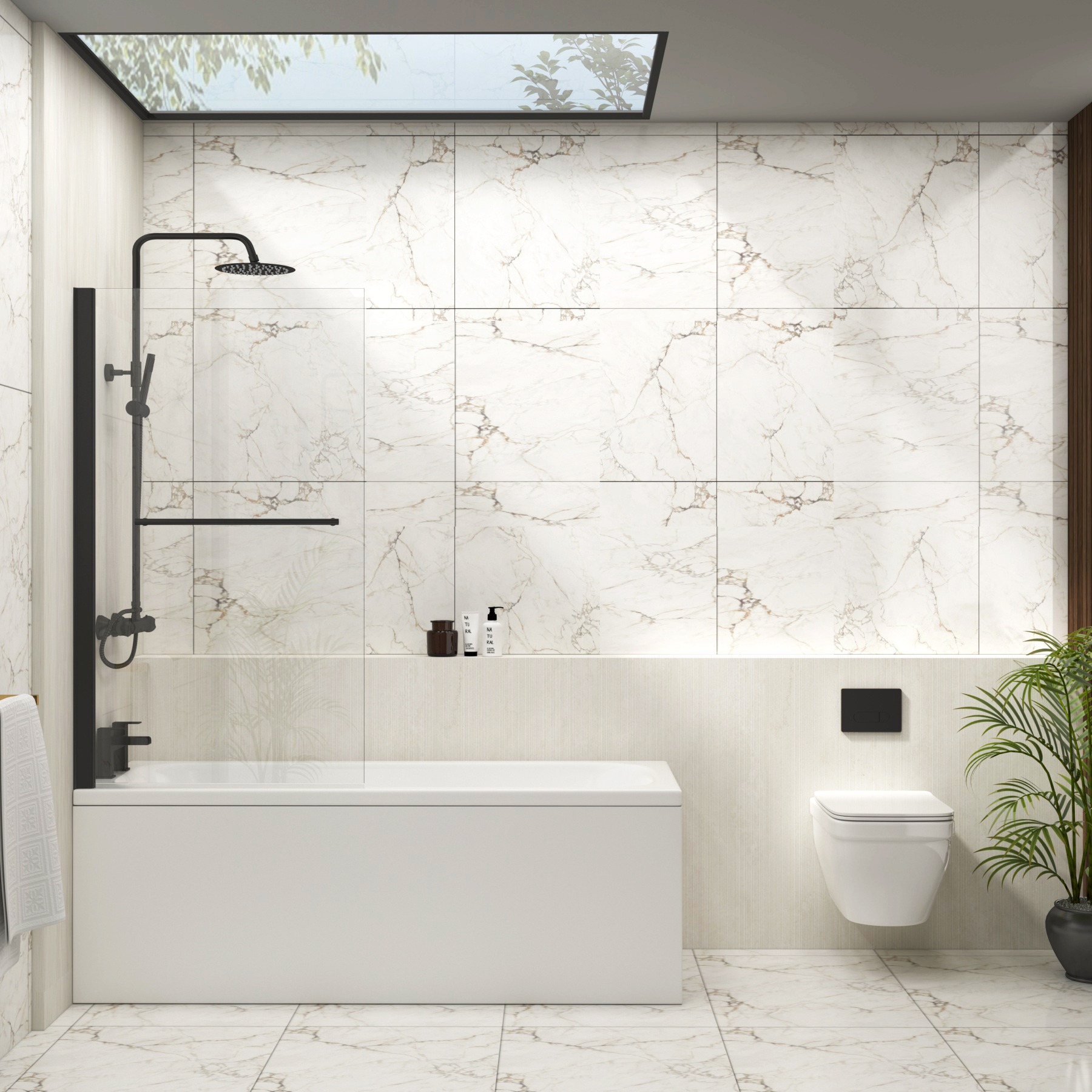 Modern 1400mm Straight Shower Bath Hinged Screen With Black Wall Profile And Rail