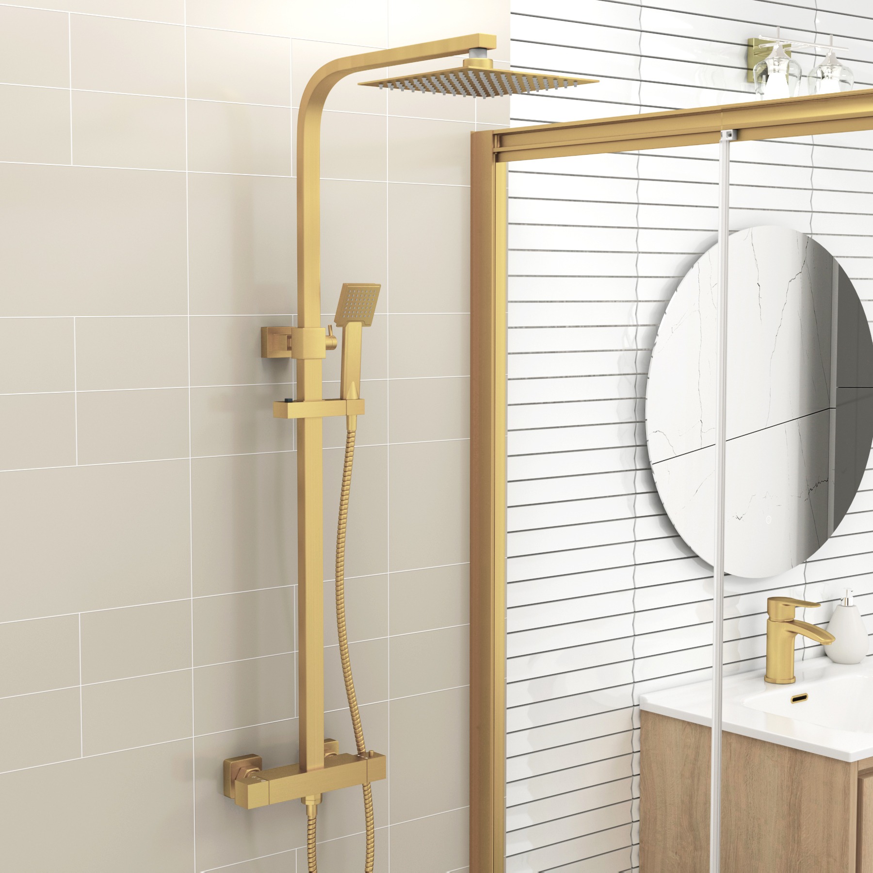Venice Brushed Brass Square Thermostatic Valve Bar Shower Kit
