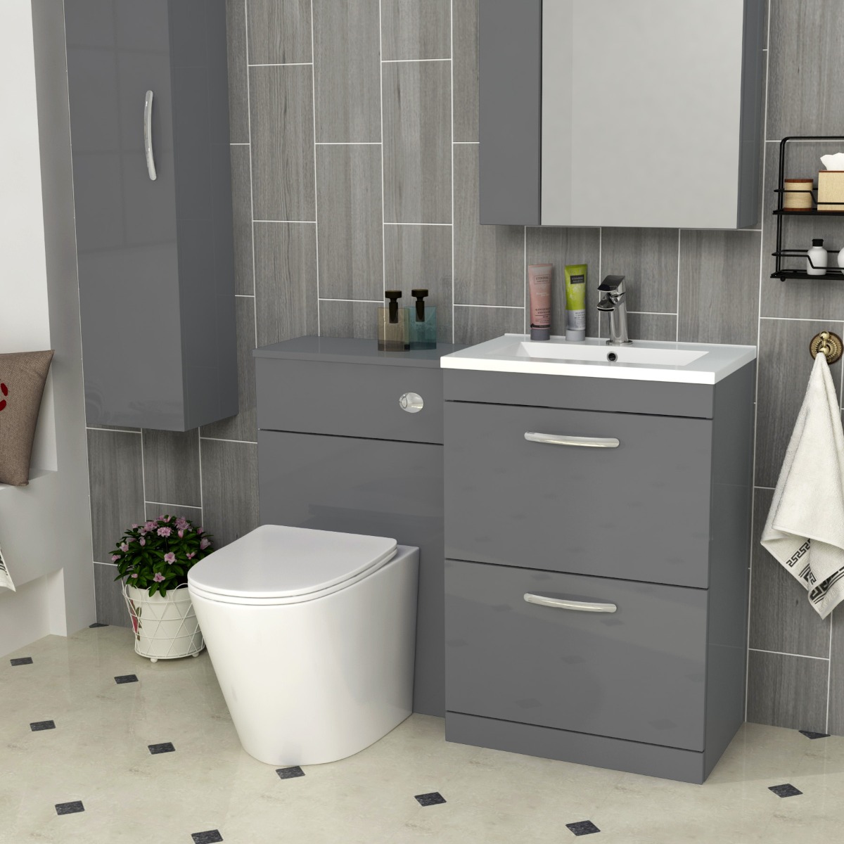 1300mm Turin Indigo Grey Gloss 2-Drawer Furniture Pack - Optional BTW Pan & Basin