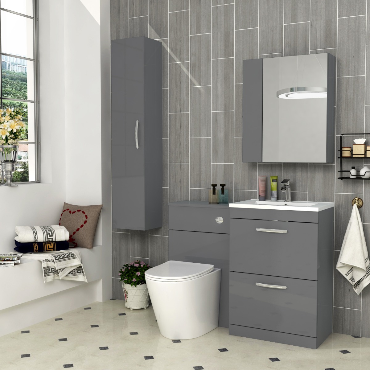 1300mm Turin Indigo Grey Gloss 2-Drawer Furniture Pack - Optional BTW Pan & Basin