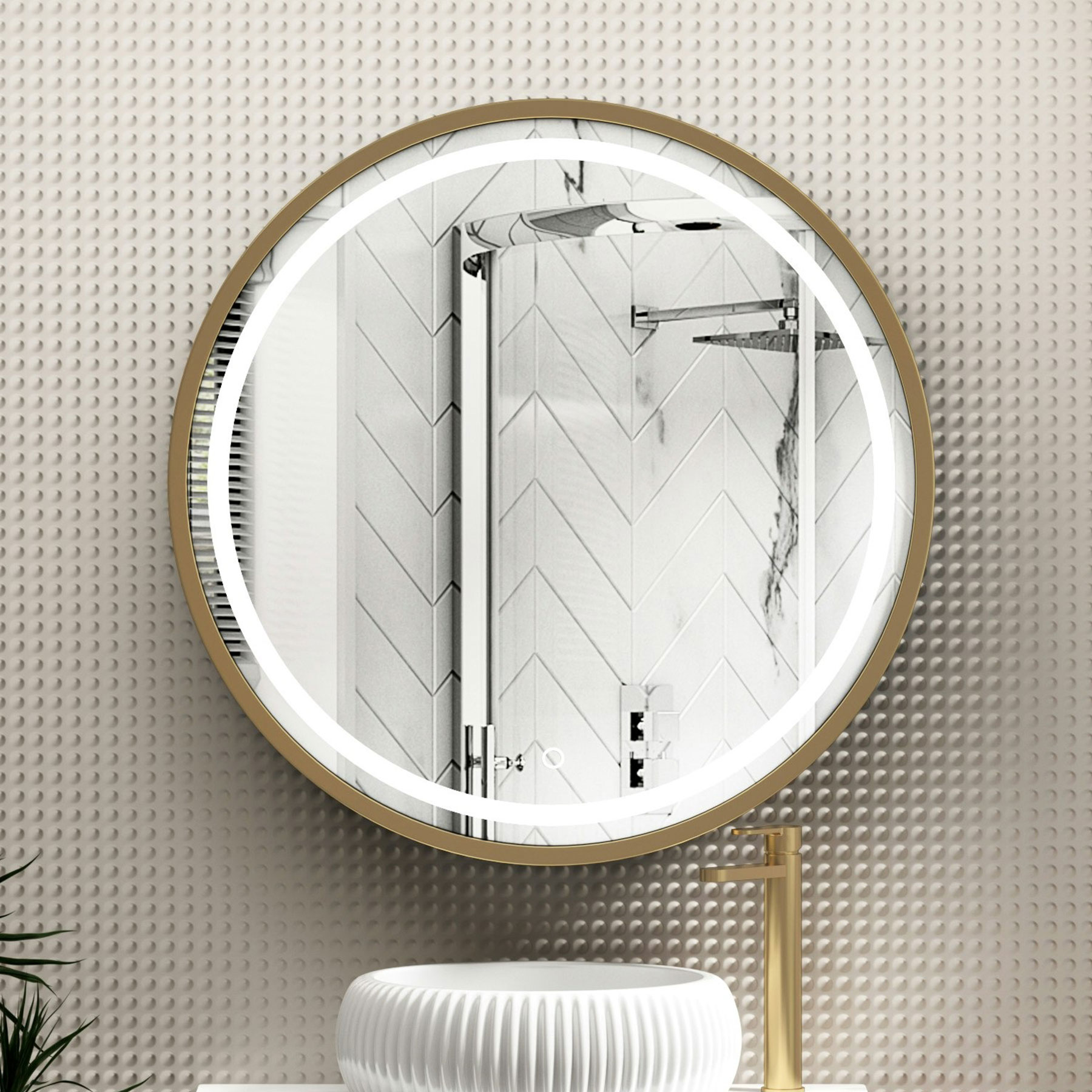 Avenza Brushed Brass Framed Frontlit LED Cabinet Illuminated Round Mirror with Demister Pad & Touch Sensor