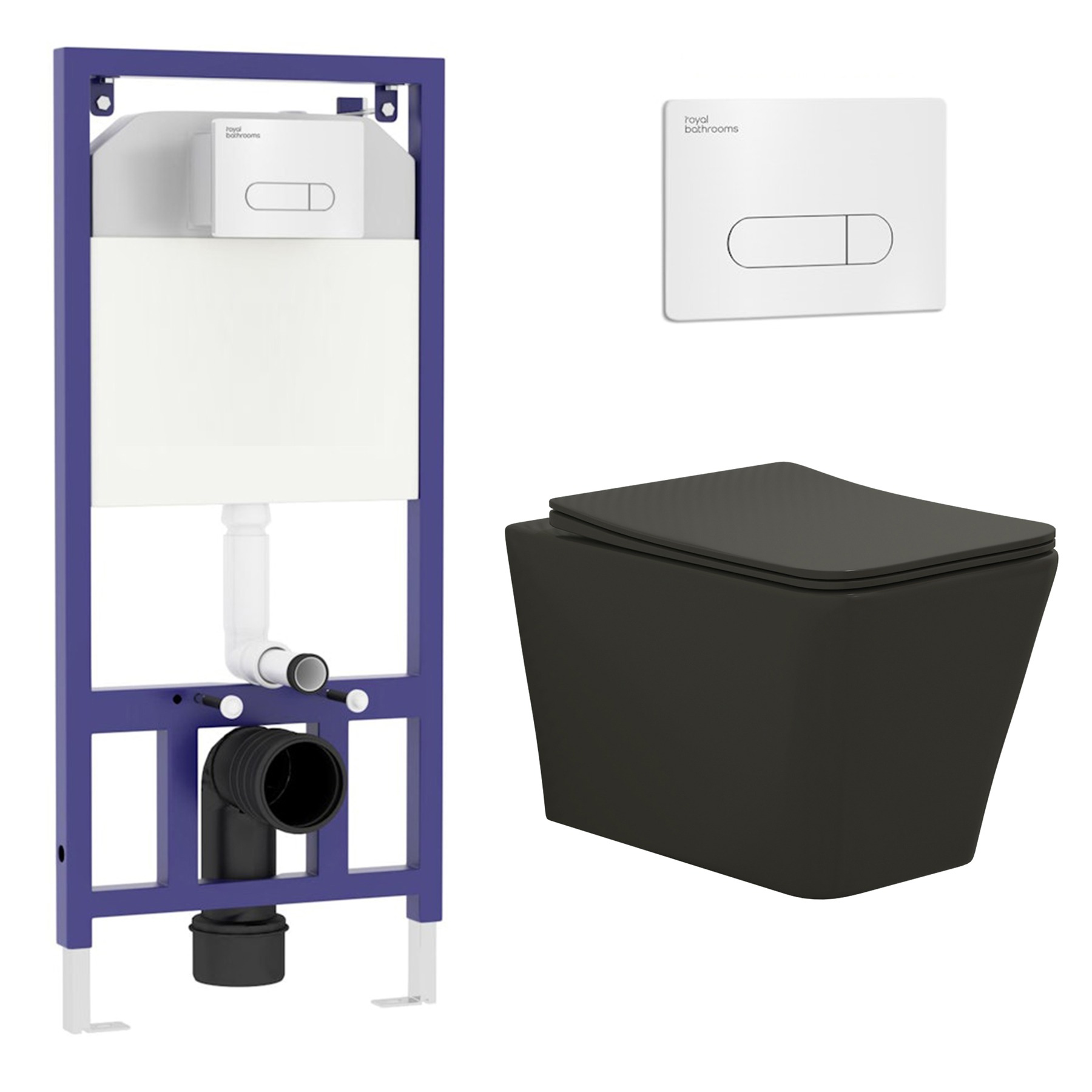 Elena Matt Black Wall Hung Rimless Toilet with Slim Soft Close Seat & Aqua Wall Hung Frame