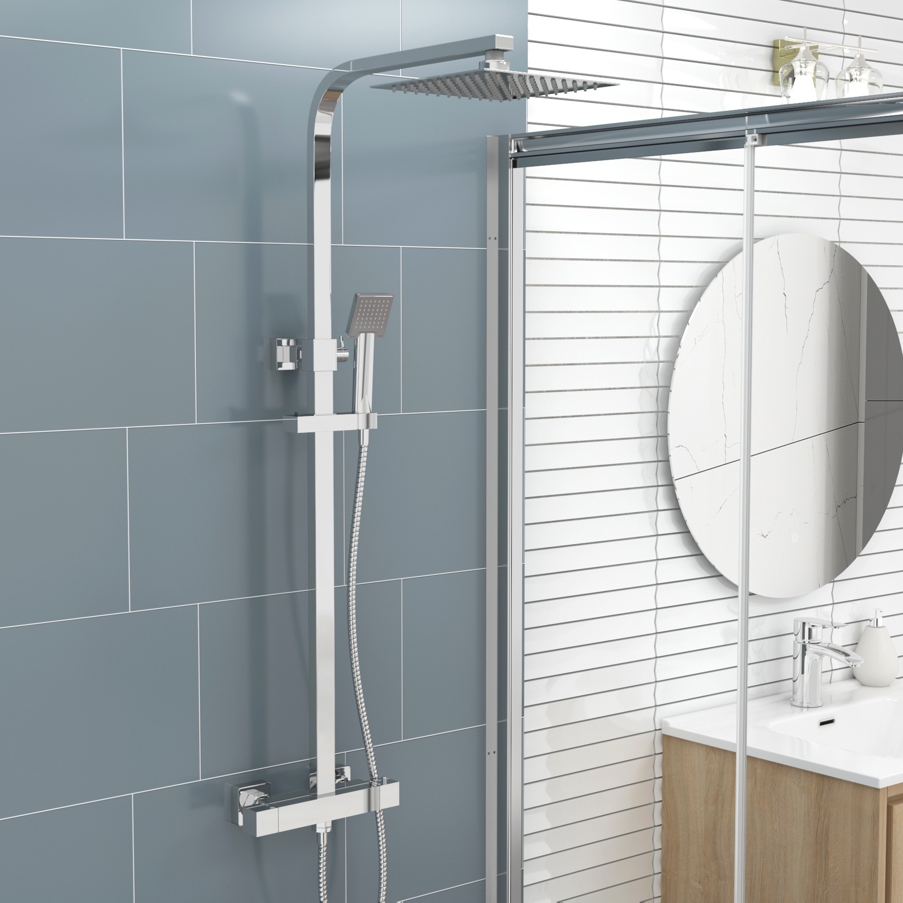 Cube Chrome Square Thermostatic Bar Shower With Kit
