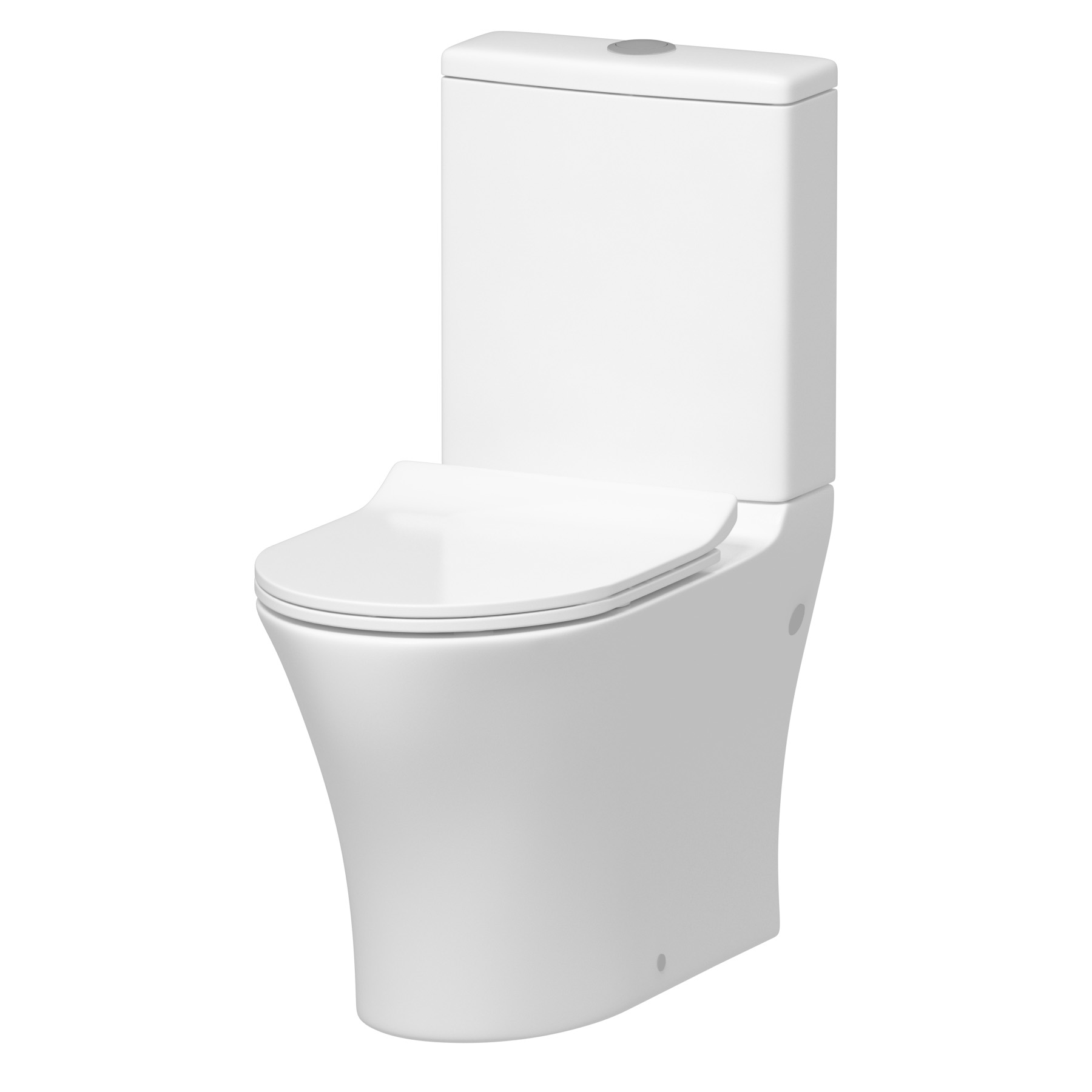 Rimless Close Coupled Round Toilet and Soft close Seat, Cistern + Fixing Kit - Peak