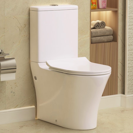 Rimless Close Coupled Round Toilet and Soft close Seat, Cistern + Fixing Kit - Peak