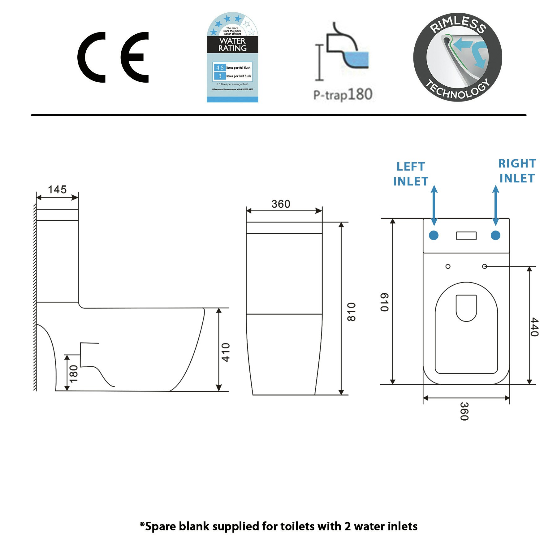 Rimless Close Coupled Square Toilet with Seat, Cistern & Fixing Kit