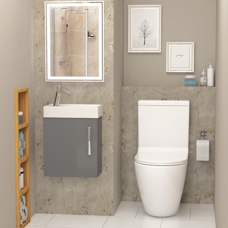 Cloakroom Suite 400mm Indigo Grey Gloss 1 Door Wall Hung Vanity Unit Basin & Abacus Rimless Toilet - Slim