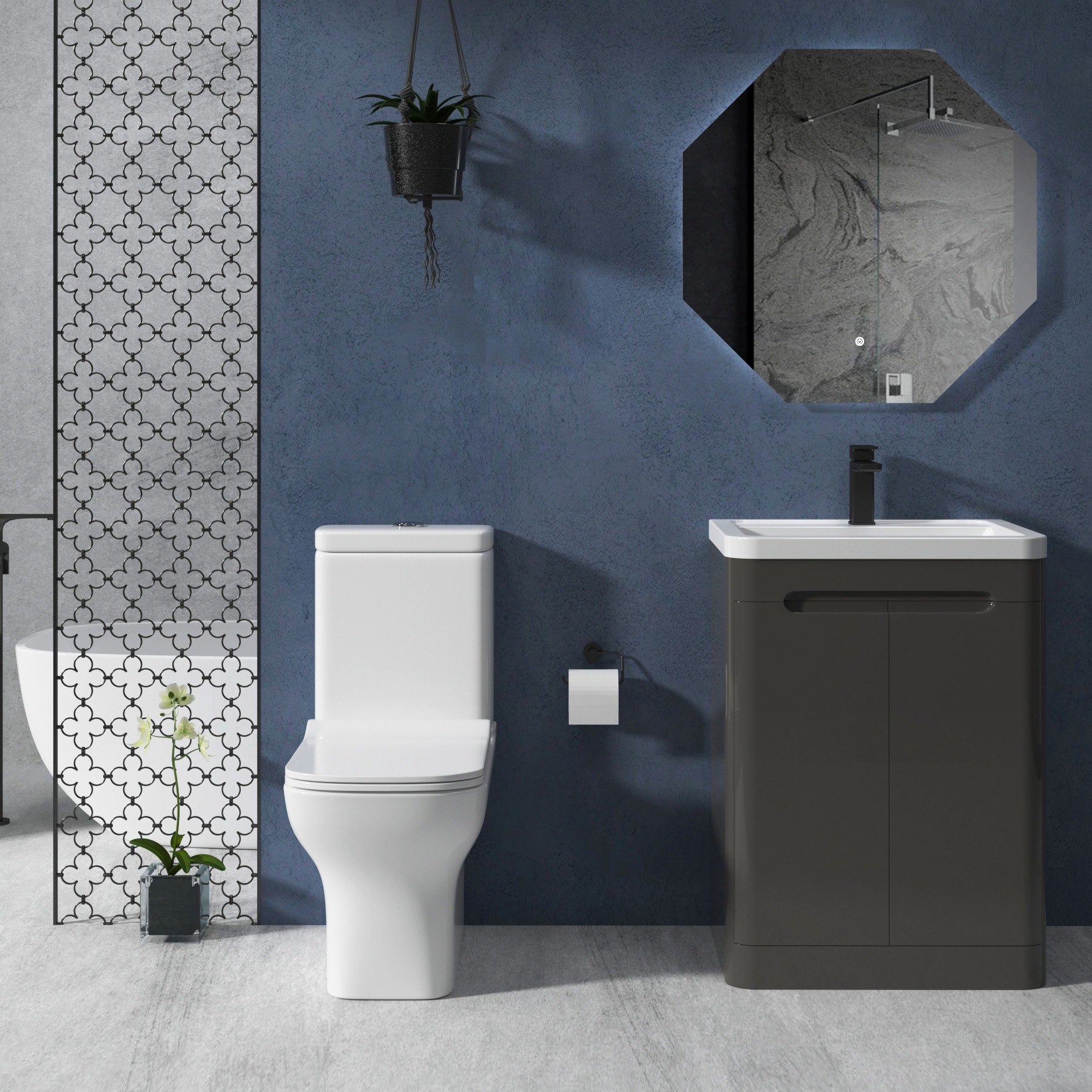 Qubix Square Rimless Back To Wall Close Coupled Toilet with Slim Soft Close Seat & Dual Flush Cistern